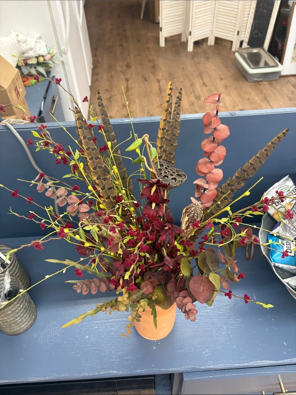 okie dokie Burgundy, Dusty Pink and Green Faux Floral Arrangement